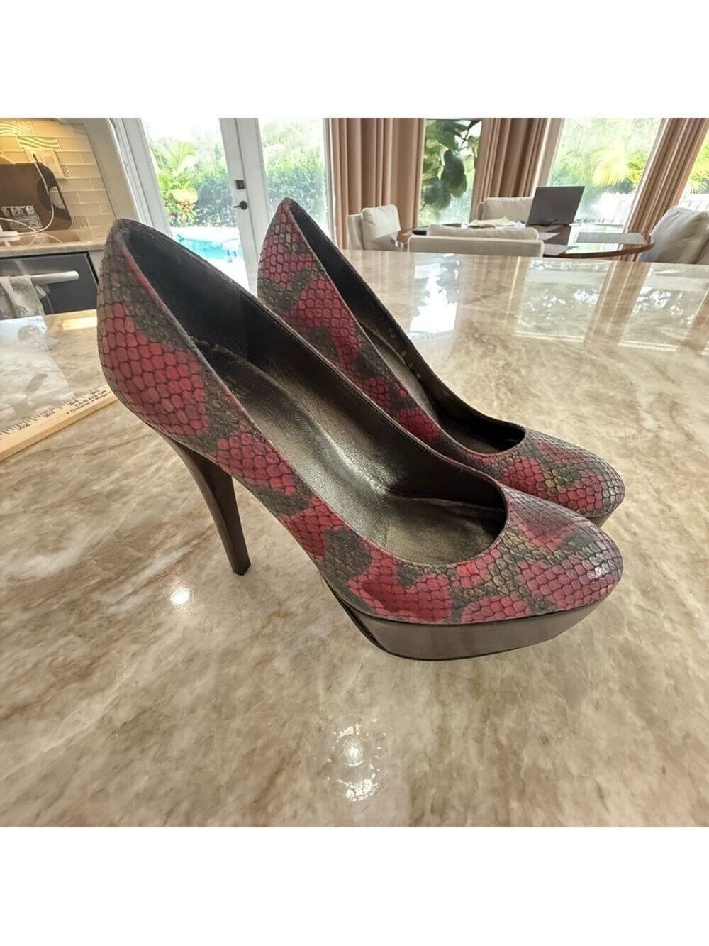 Stuart Weitzman Women's Pink and Gray Snakeskin platform Heels